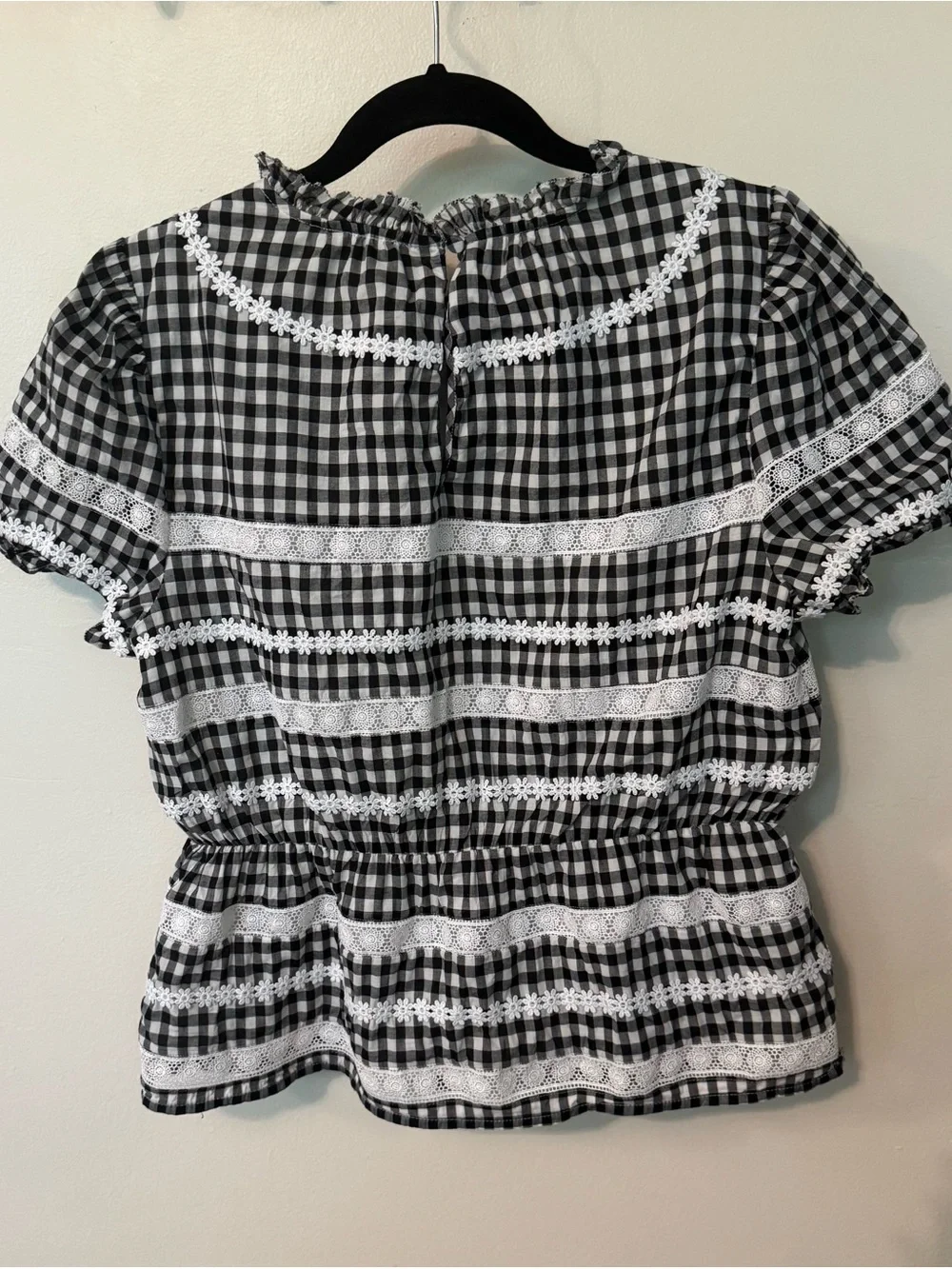 J. Crew Black and White Gingham Lace-Trim Peplum Blouse